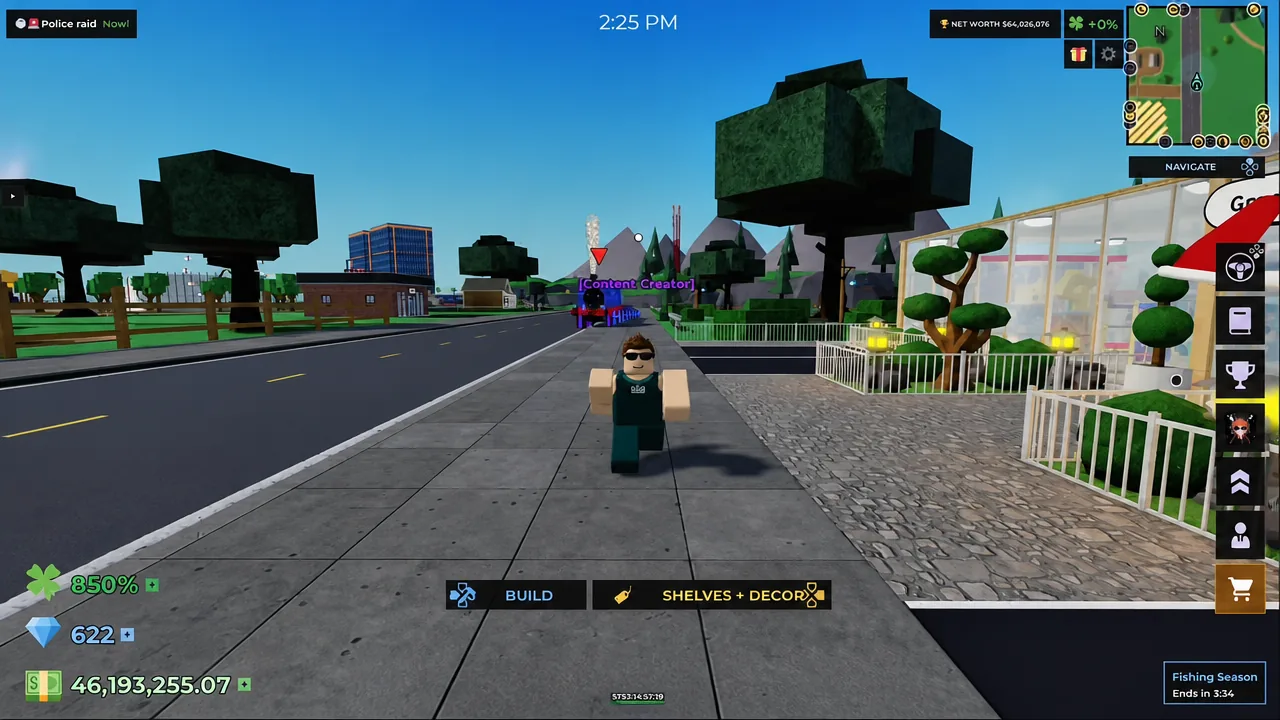 Player avatar walking a city street in Storage Hunters with the BUILD and SHELVES + DECOR buttons on screen