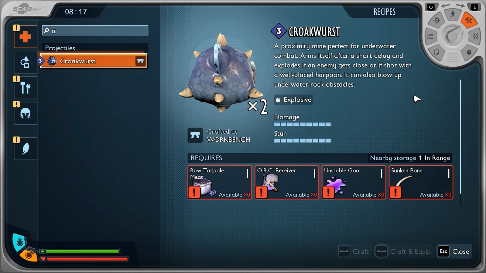 Recipes menu showing the Croakwurst projectile and its four workbench ingredients