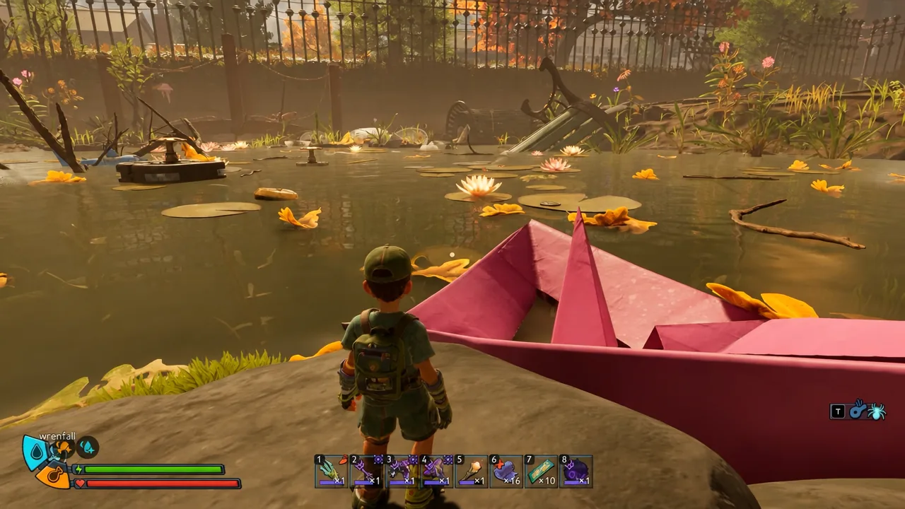 Player character swimming beside a giant paper boat in the pond while looking for the cave entrance