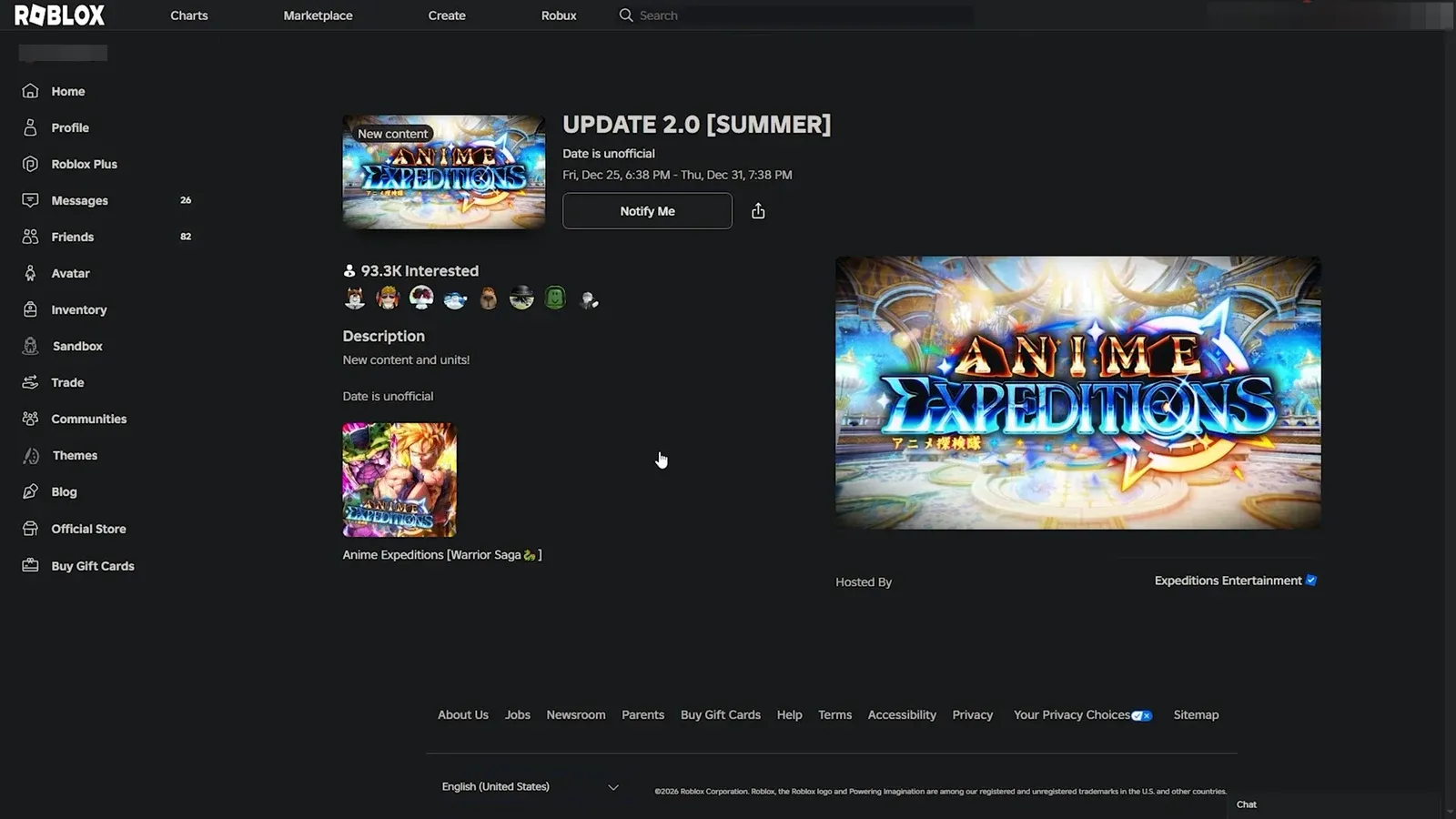 Roblox UPDATE 2.0 SUMMER event page showing the Notify Me button