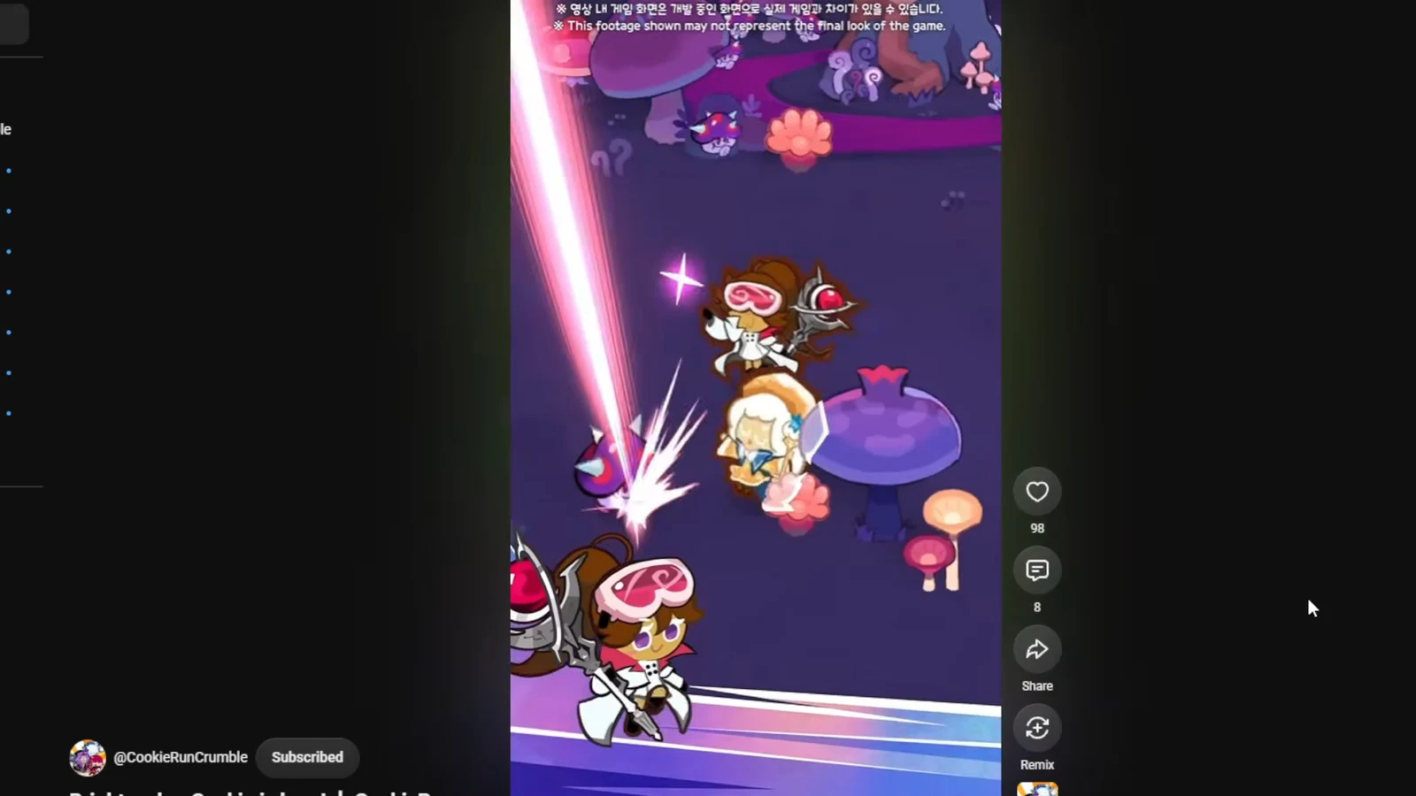 Cookies battle enemies on a purple mushroom battlefield as a laser attack lands