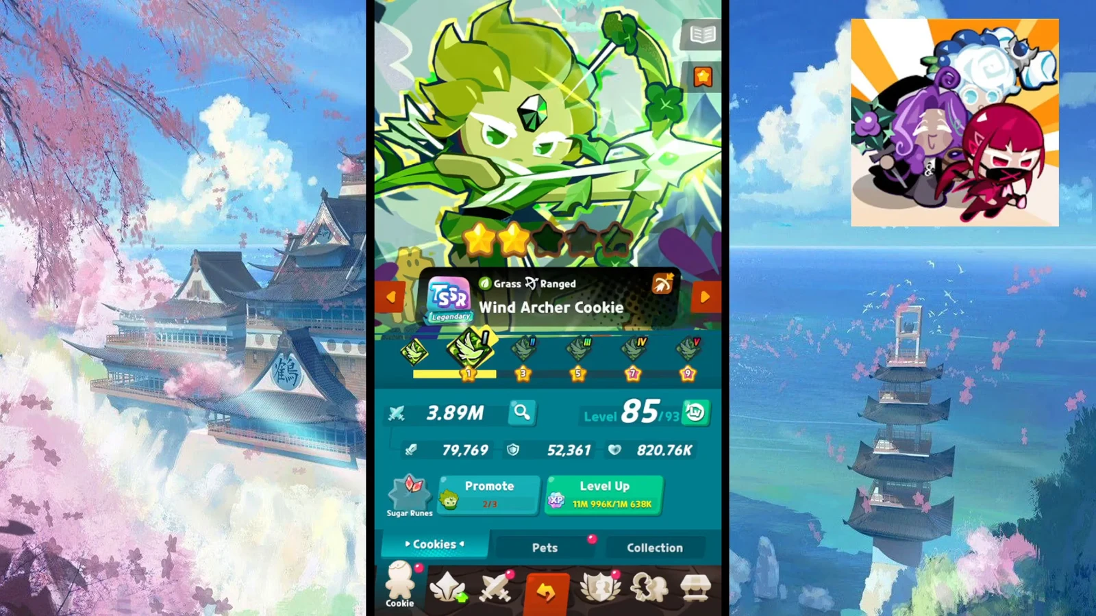 Wind Archer Cookie character screen with Level Up and Promote buttons visible
