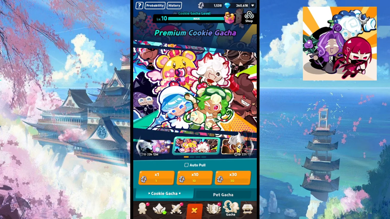 Premium Cookie Gacha screen with x1, x10 and x30 summon buttons ready