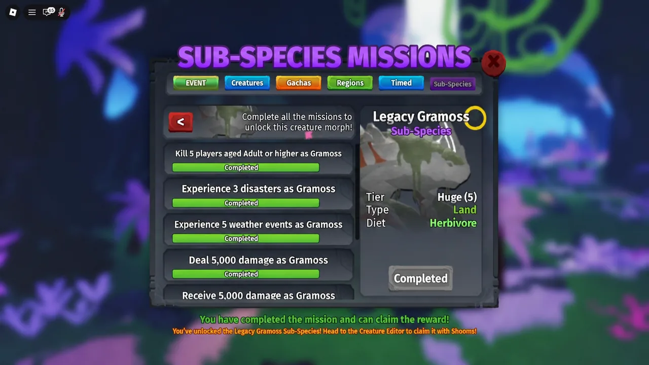 Sub-Species Missions screen with completed Legacy Gramoss objectives ready to claim
