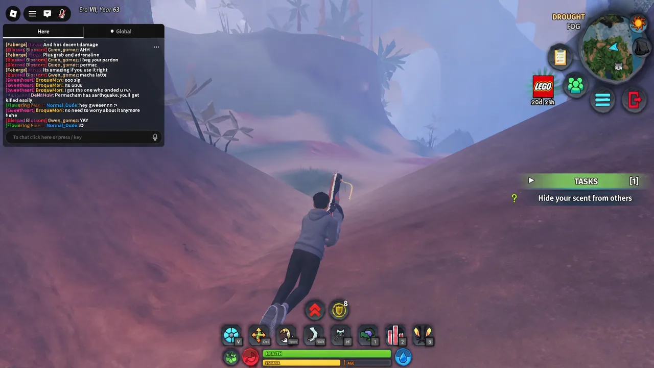 Tasks panel highlighting a hide your scent objective while the creature climbs a canyon path