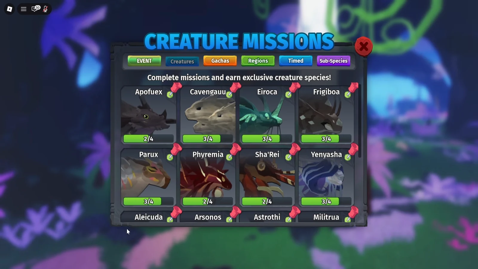 Creature Missions menu open on the Event tab with creature cards and progress bars