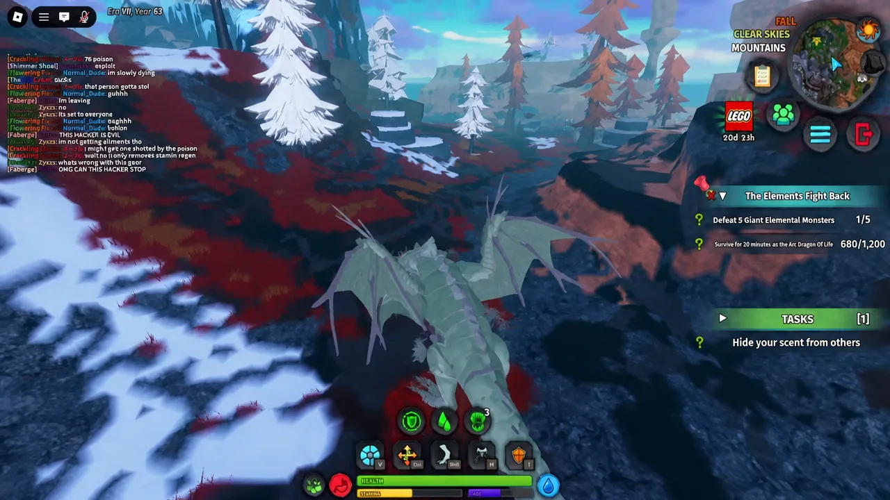 Tasks panel showing an active objective while a dragon flies over the mountain region