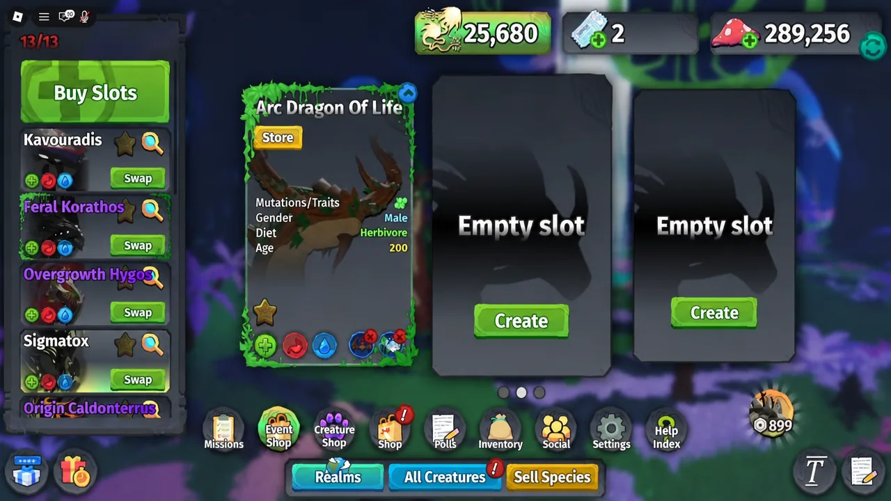 Buy Slots menu showing Arc Dragon Of Life and two empty creature slots with Create buttons