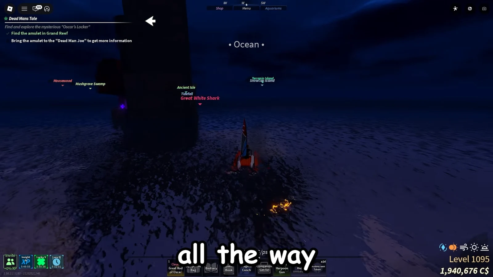 Player piloting a boat across the ocean while chasing the Dead Mans Tale amulet