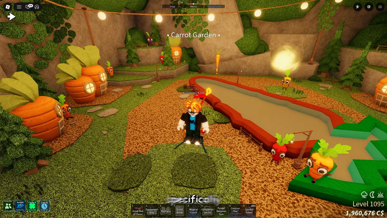 Player standing beside the pond inside the hidden Carrot Garden area
