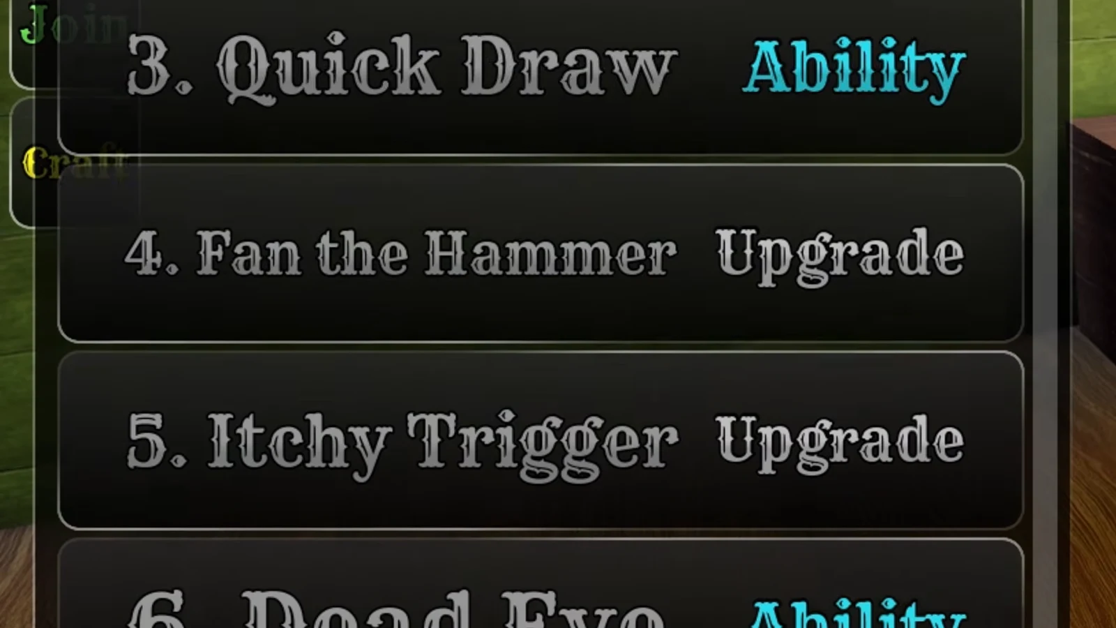 Cowboy ability menu showing Quick Draw, Fan the Hammer, and Itchy Trigger upgrade options