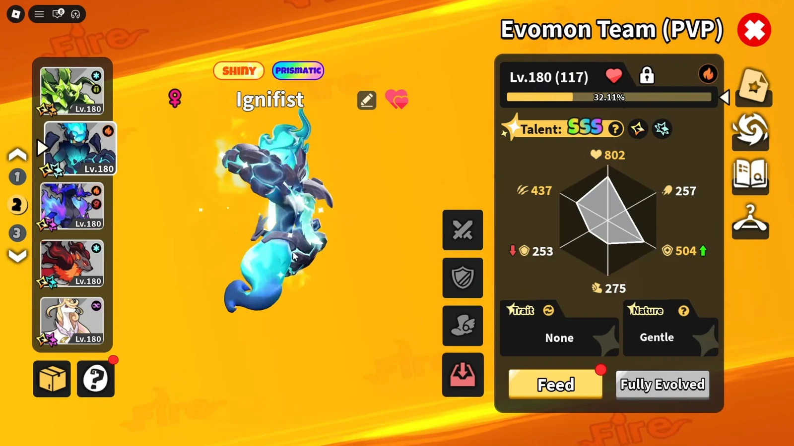 Evomon Team PVP screen showing Shiny Prismatic Ignifist at level 180 with its stats