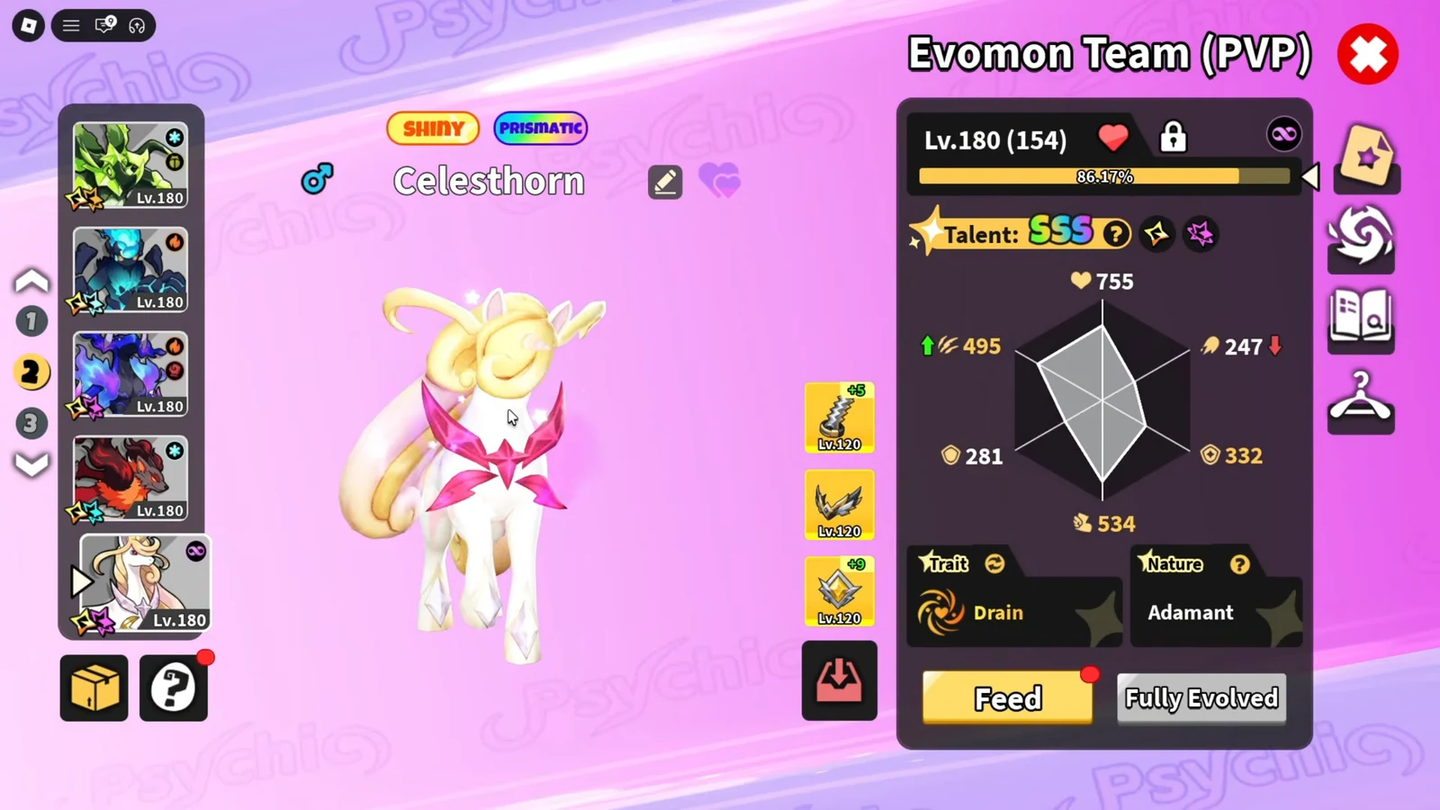 Evomon Team PVP screen showing Celesthorn stats and equipment with the Feed button