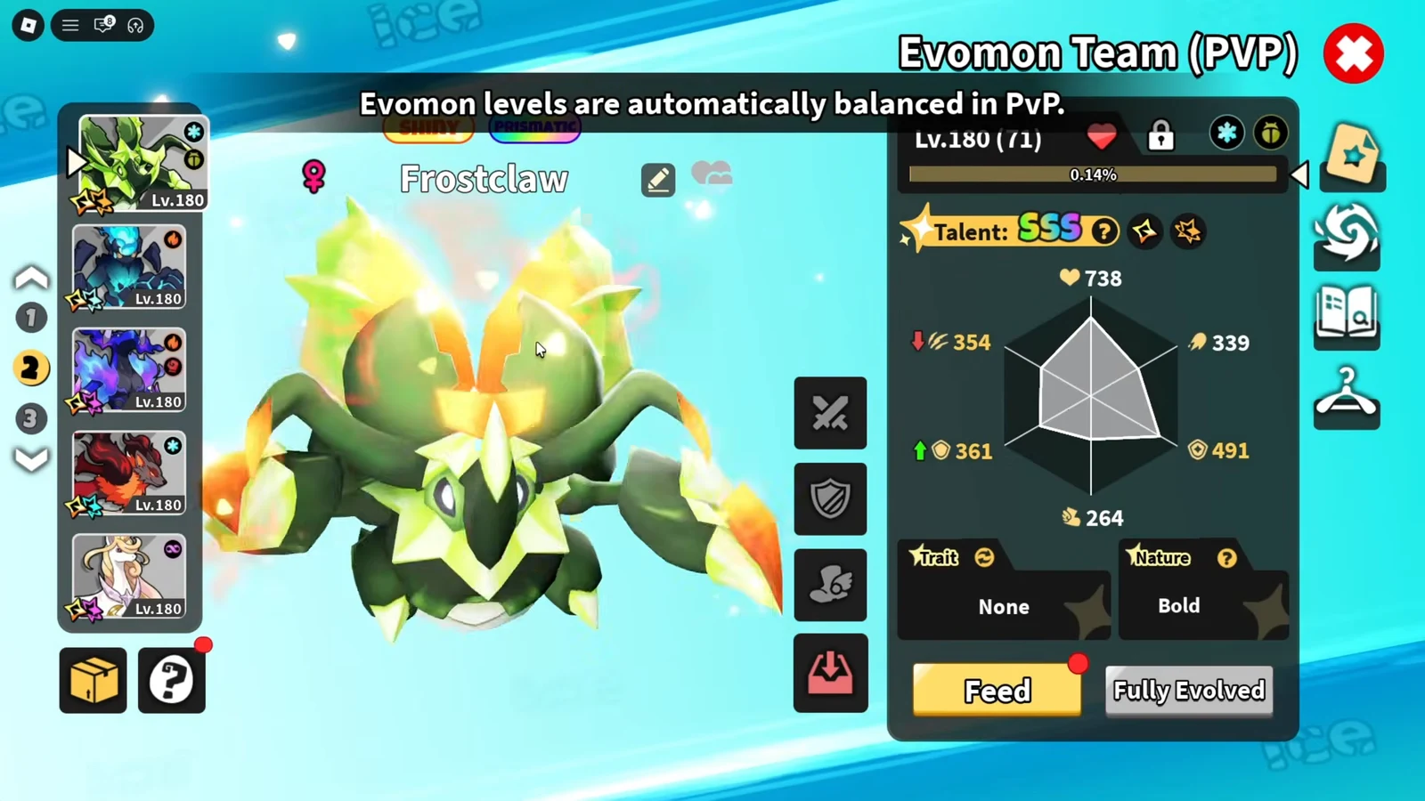 Evomon Team PVP screen showing Frostclaw selected at level 180 with its stats