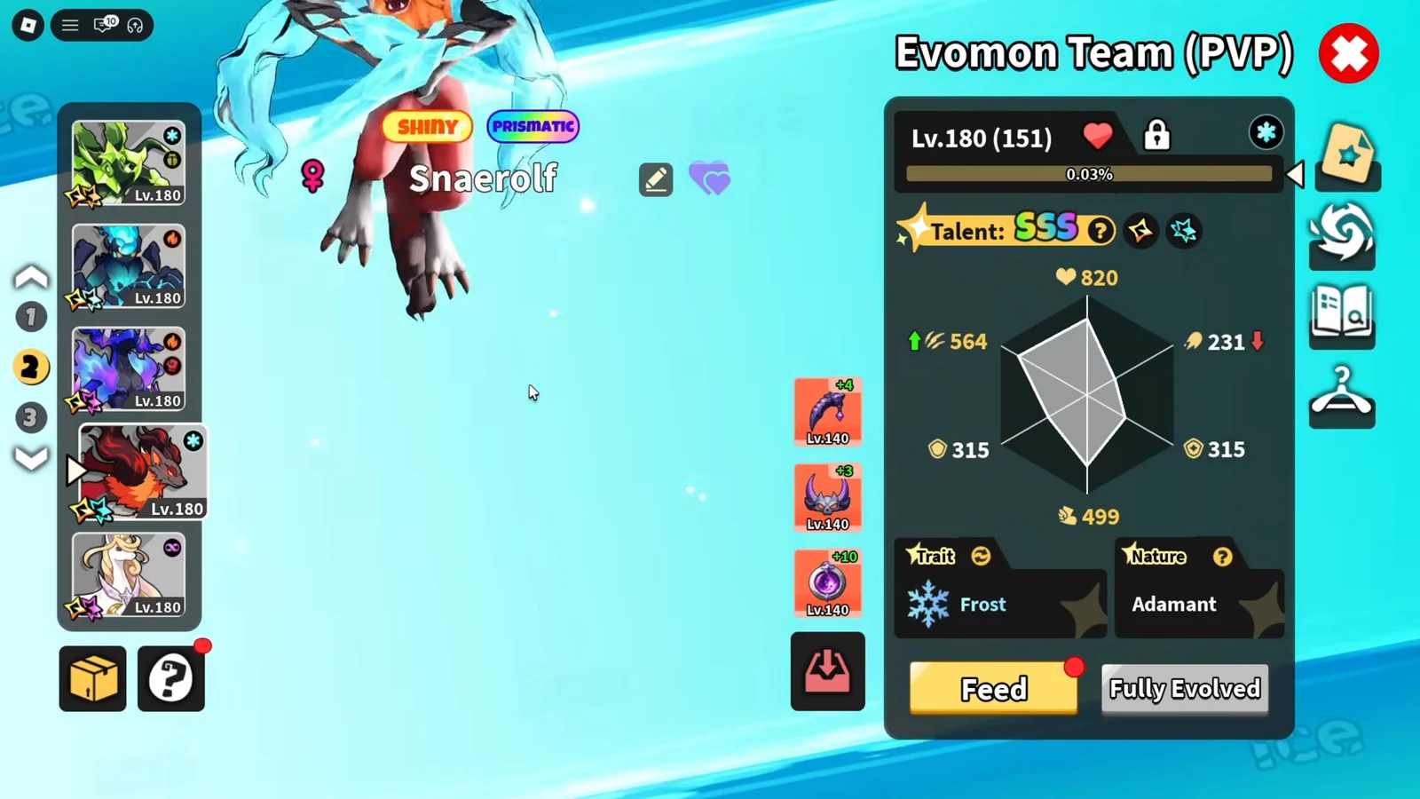 Evomon Team PVP screen showing Shiny Prismatic Snaerolf stats, traits, and nature