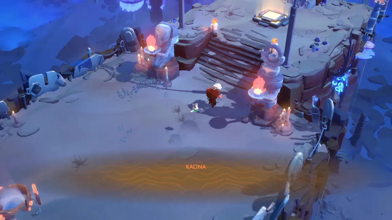 The merchant moving through Kalina as the region introduction banner appears on screen