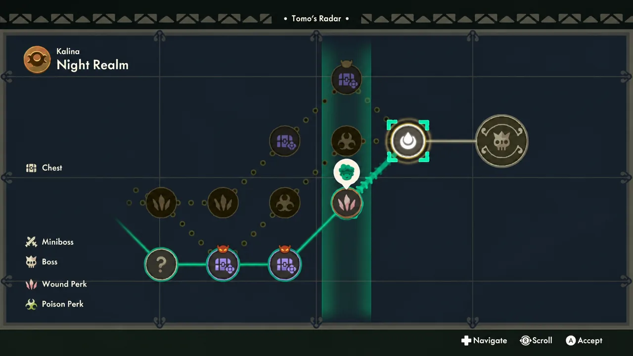 Tomo's Radar map of Kalina's Night Realm with the next route node highlighted