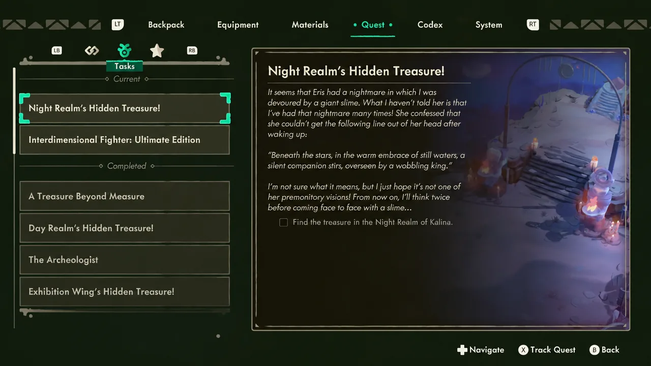 Quest menu Tasks tab showing the Night Realm's Hidden Treasure entry and its objective text