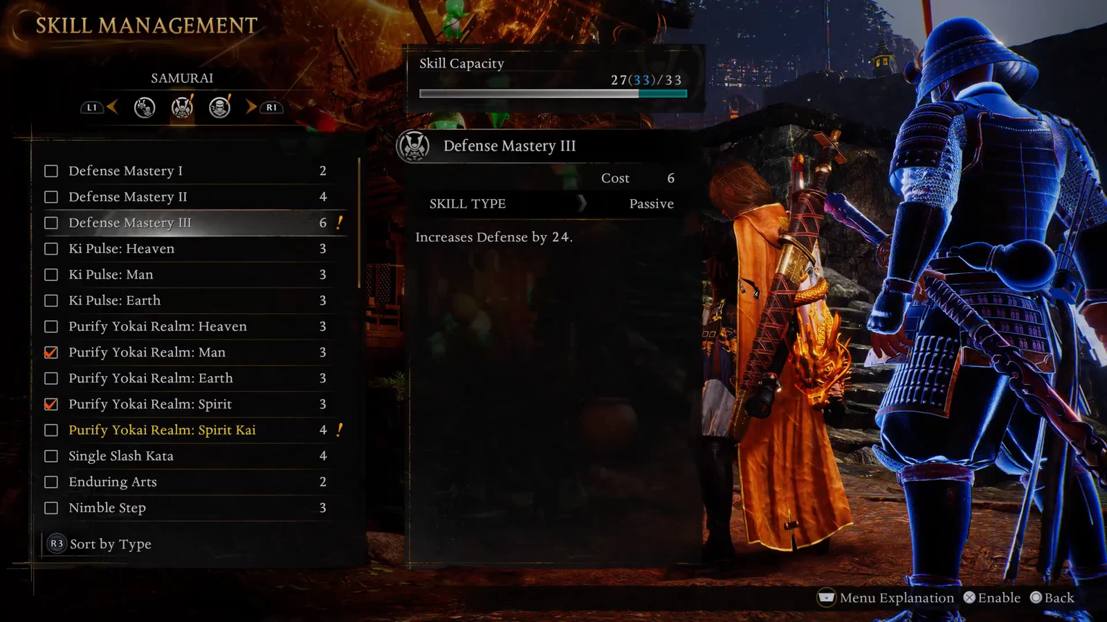 Skill Management Samurai tab with Defense Mastery III selected, showing its 6-cost passive