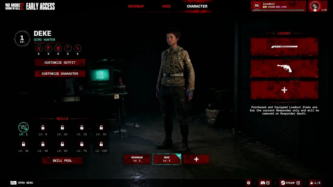 Character menu showing the Bird Hunter Deke with her loadout and locked skill slots