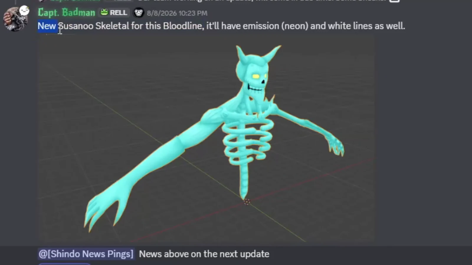 Discord preview of a cyan skeletal Susanoo model with the word New highlighted