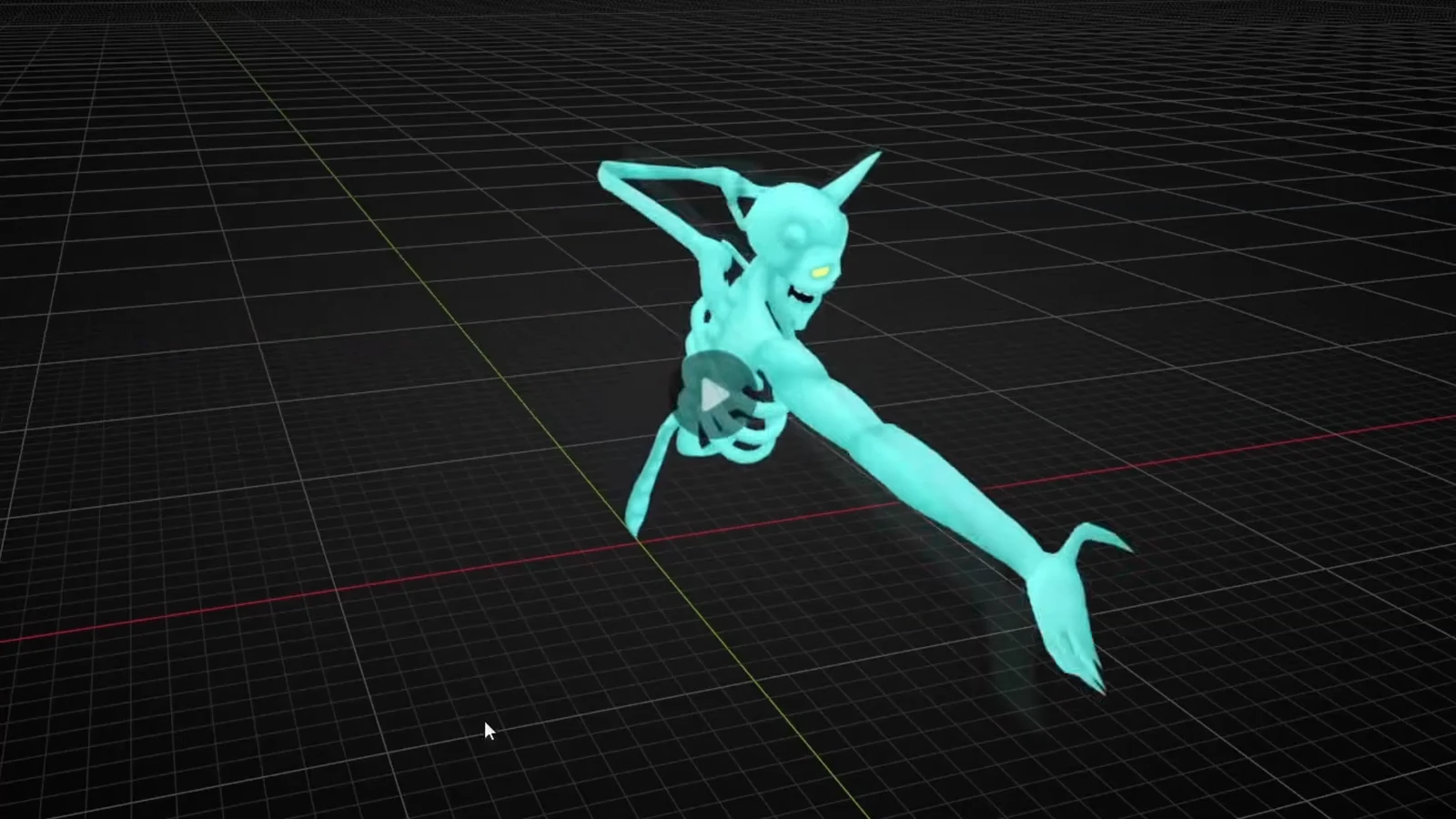 3D viewport playing a turquoise winged creature animation
