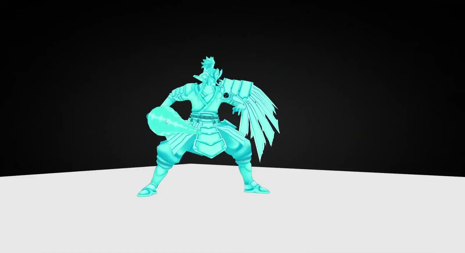 Cyan True Samurai Spirit animation with a Satori Akuma mark on its shoulder