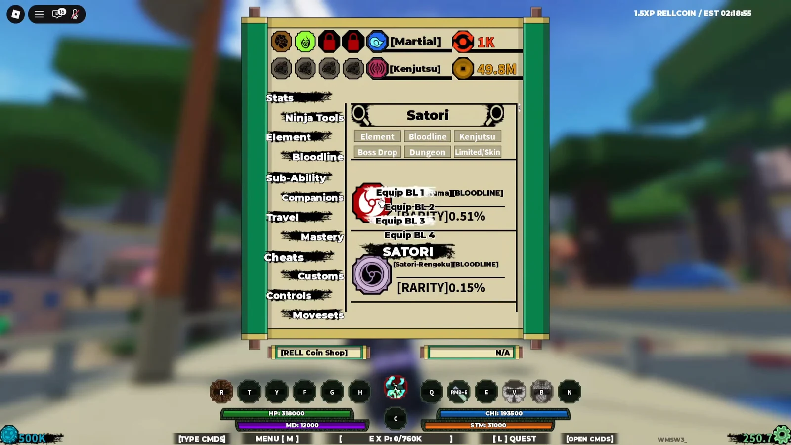 Bloodline menu open on Satori with rarity text and four Equip BL slots