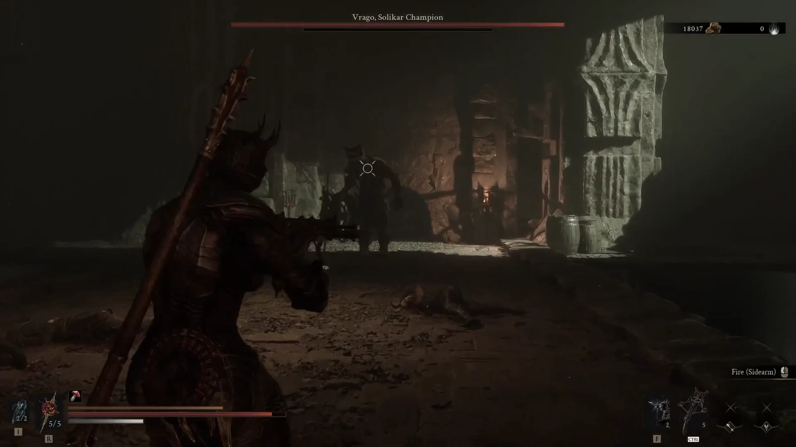 Vrago, Solikar Champion health bar visible while the player aims a Fire sidearm.