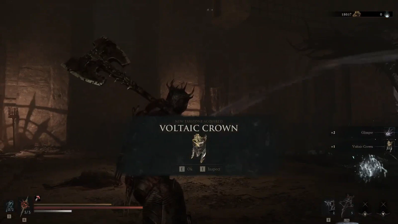 New Tarstone Acquired popup for Voltaic Crown with accept and inspect prompts.