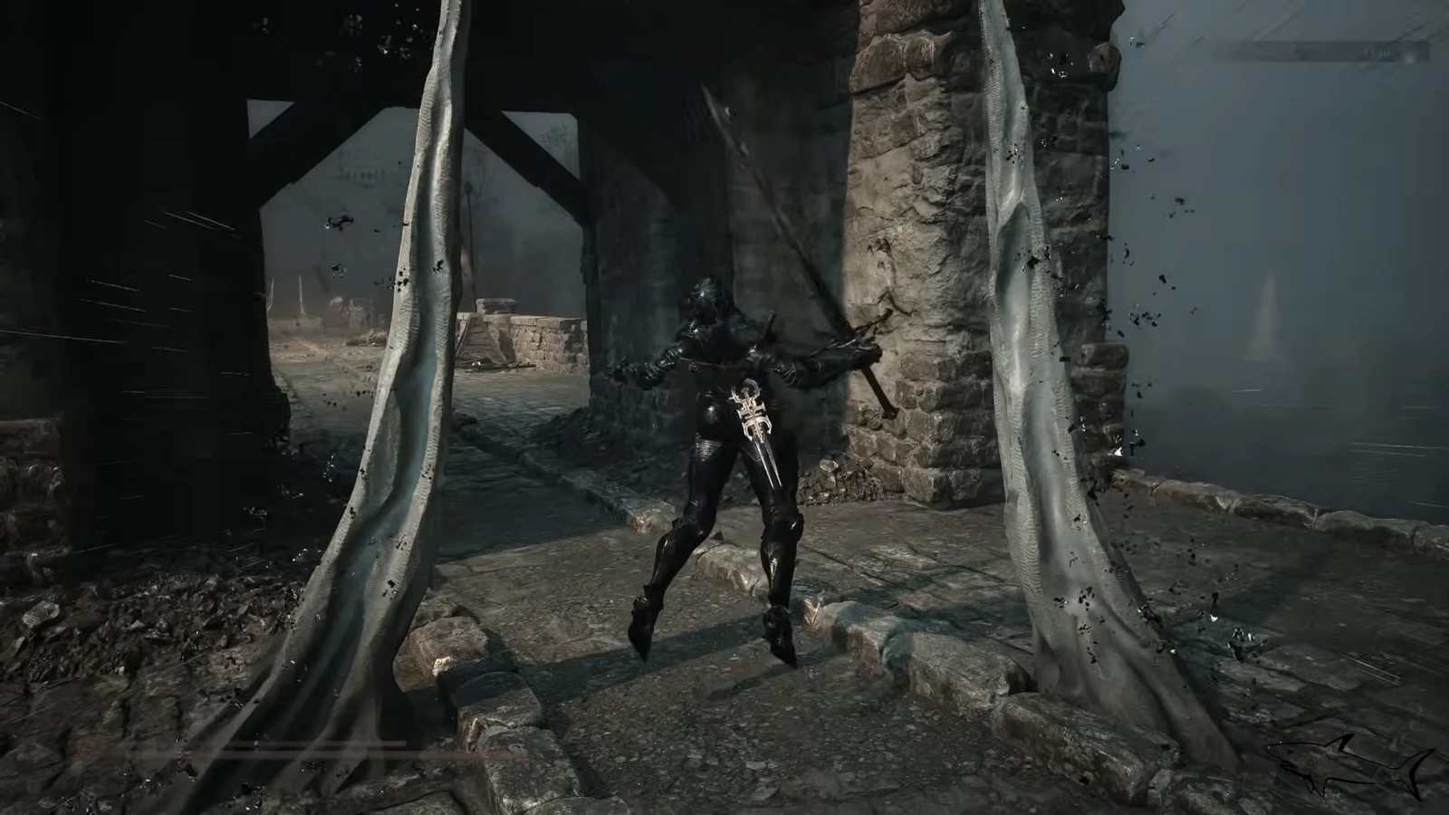 Armored Harbinger triggering a dark ability surrounded by black particles inside a ruined stone passage