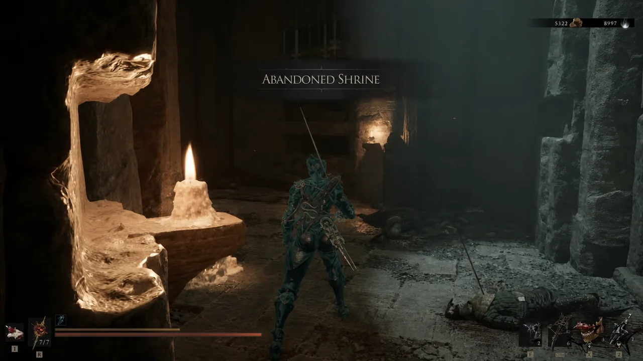 The Abandoned Shrine area title appearing on screen as the player enters the underground dungeon