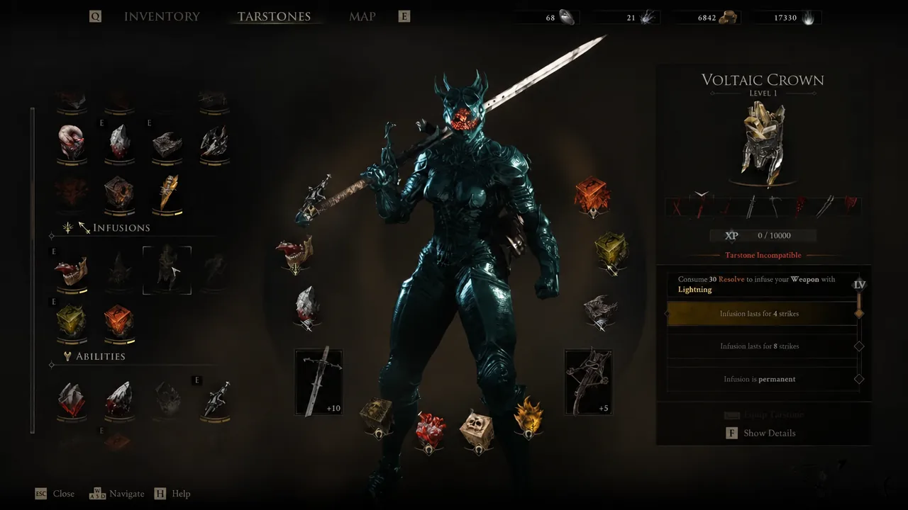 Tarstones menu showing the Voltaic Crown with the infusion lasting for four strikes highlighted