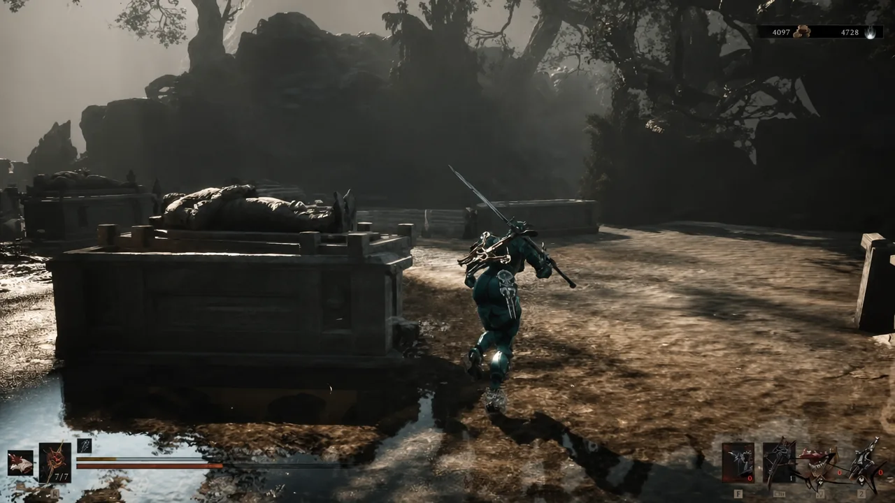 Player character sprinting weapon-in-hand through the flooded Ruins of Nochte with the HUD visible