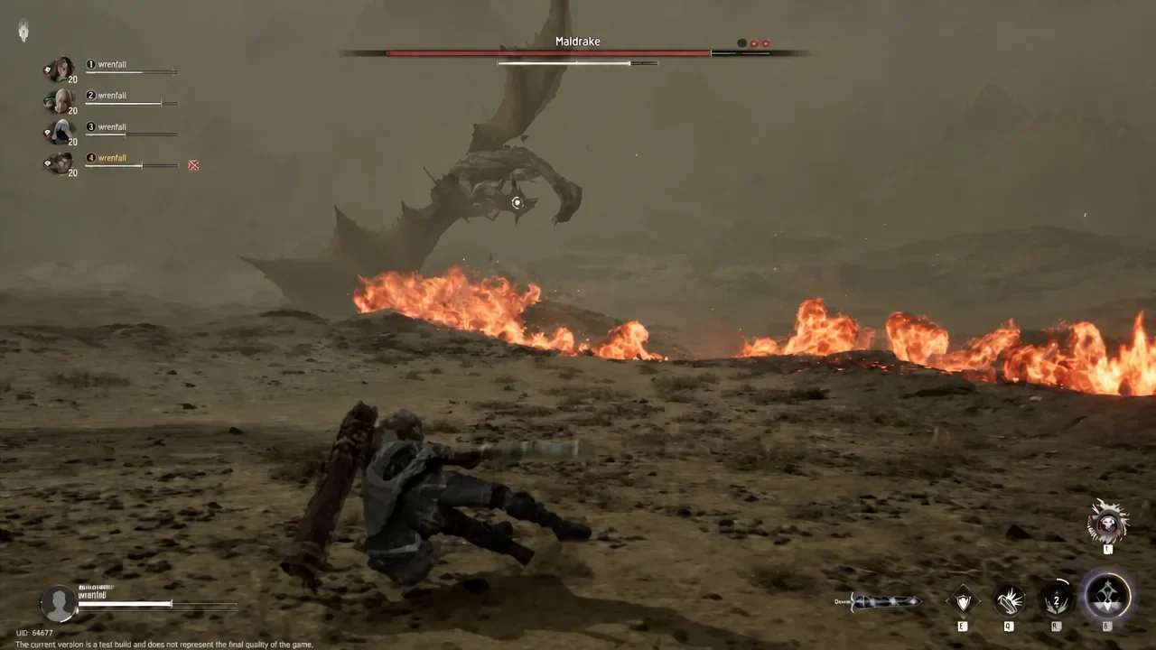 Maldrake boss health bar on screen as the player character lies knocked down in flames