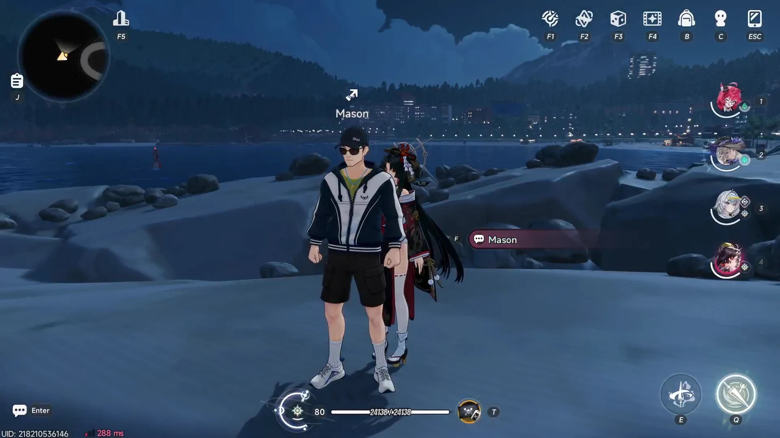 Open-world view of Mason with a prompt to press F to talk and open the Event Shop