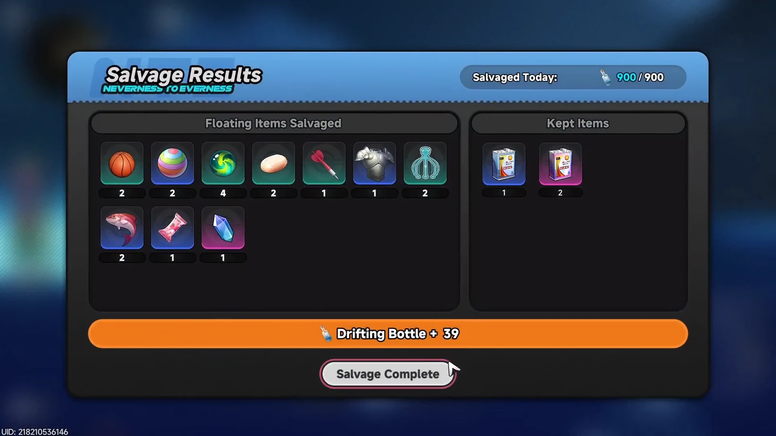Salvage Results screen summarizing salvaged and kept items with a completion button