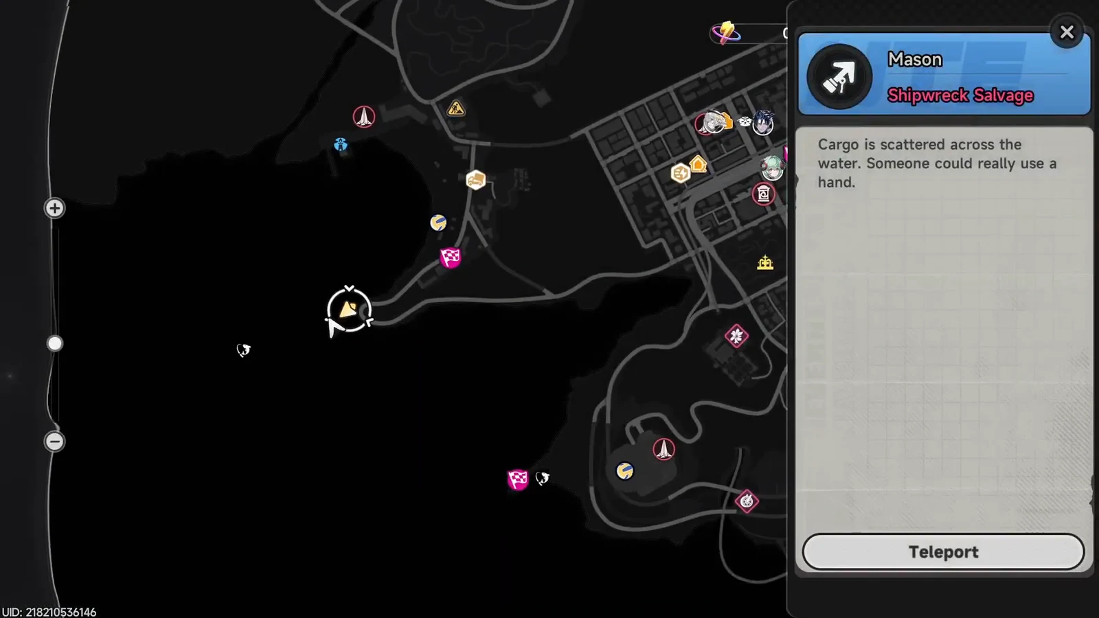 Mason's Shipwreck Salvage mission panel on the map with a Teleport button ready