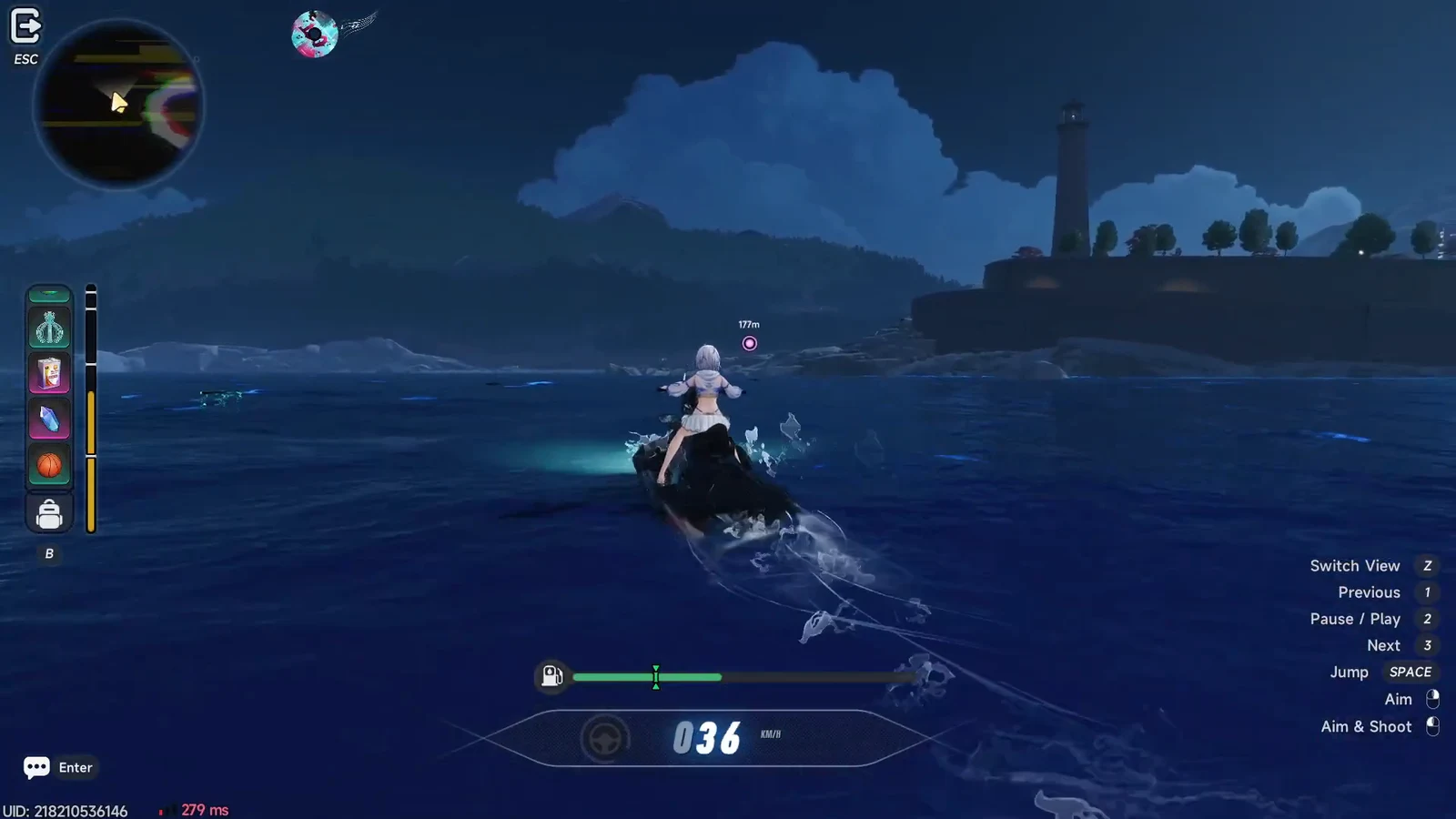 Riding the Tide toward a pink objective marker showing 177 meters of distance