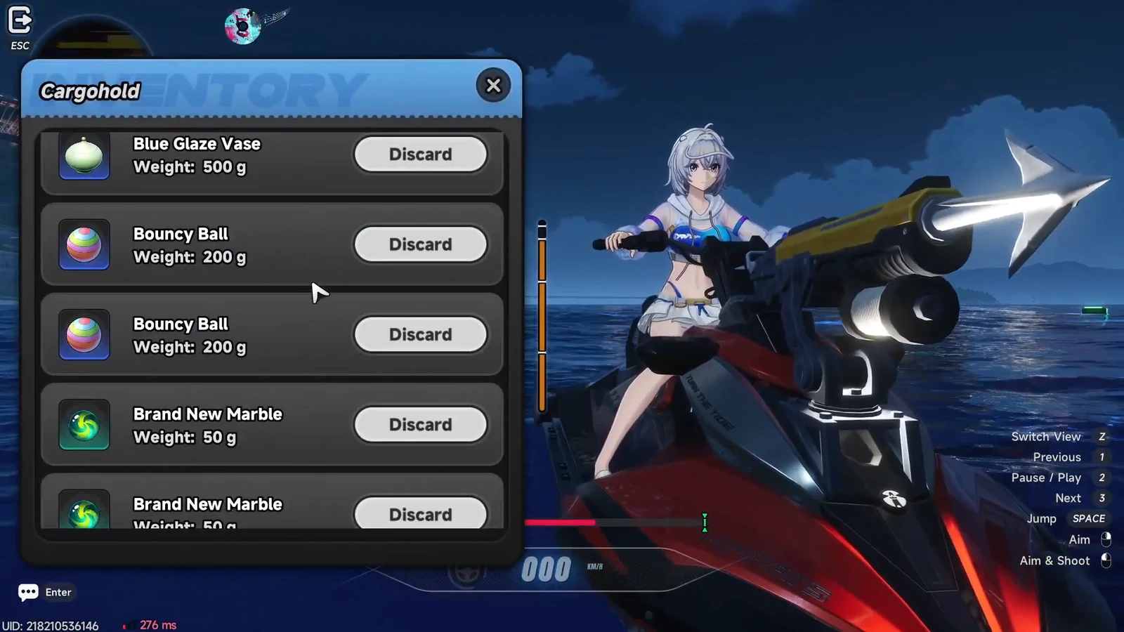 Cargo Hold menu listing collected items with Discard buttons during a run