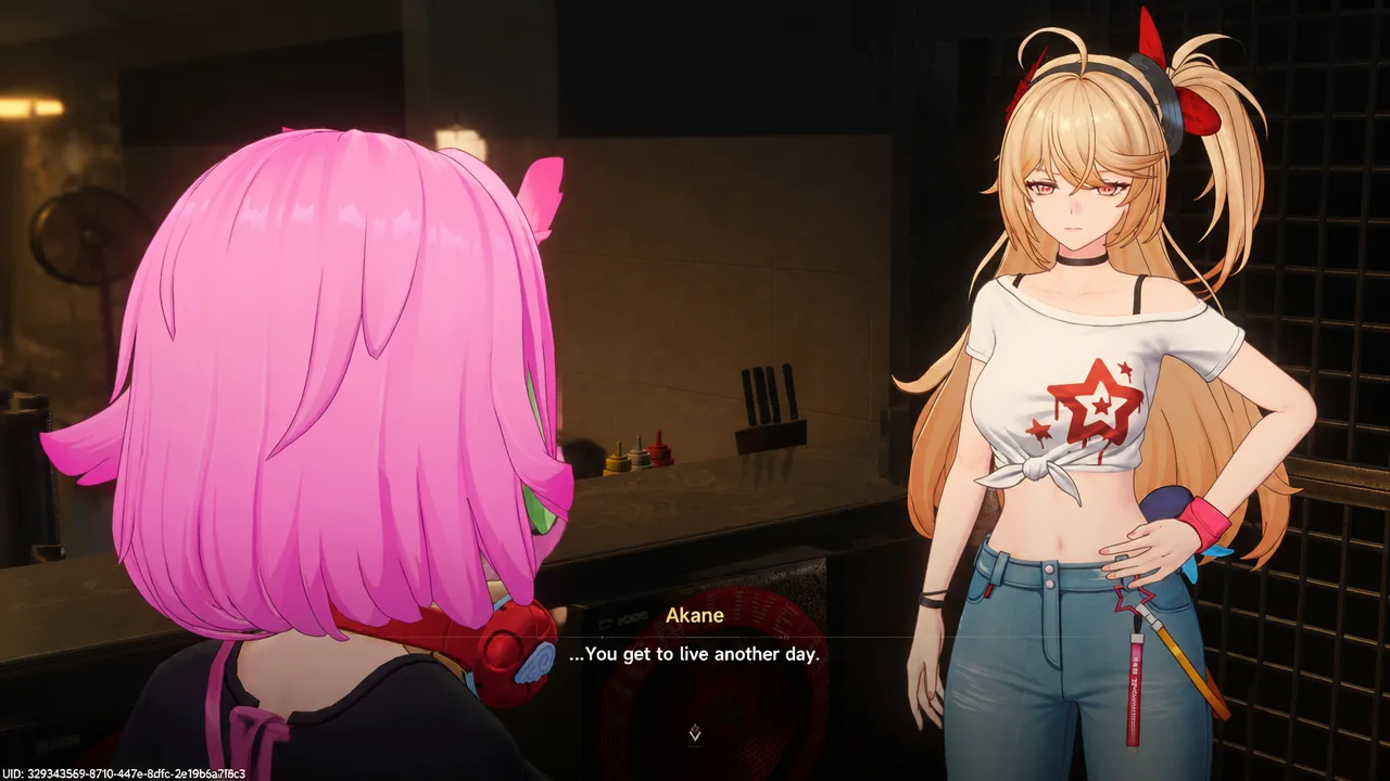 Akane Rin mid-conversation in Neverness to Everness, with the line “...You get to live another day.” on screen