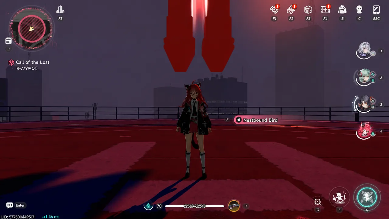 Interaction prompt on the rooftop beam that starts the Nestbound Bird boss fight