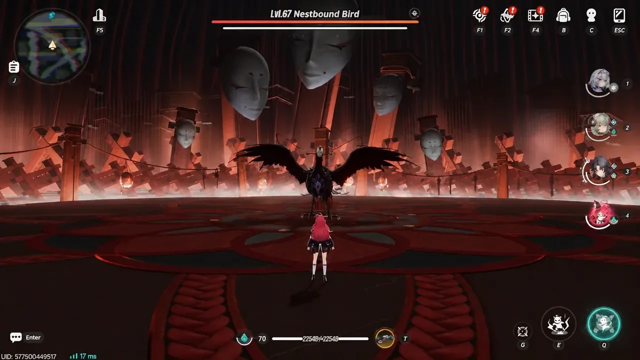 Player character facing the masked Lv.67 Nestbound Bird during Phase 1 combat