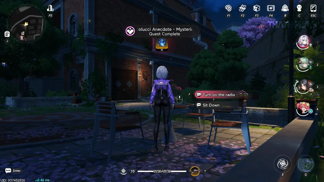 The table interaction menu, with "Turn on the radio" highlighted above "Sit Down".