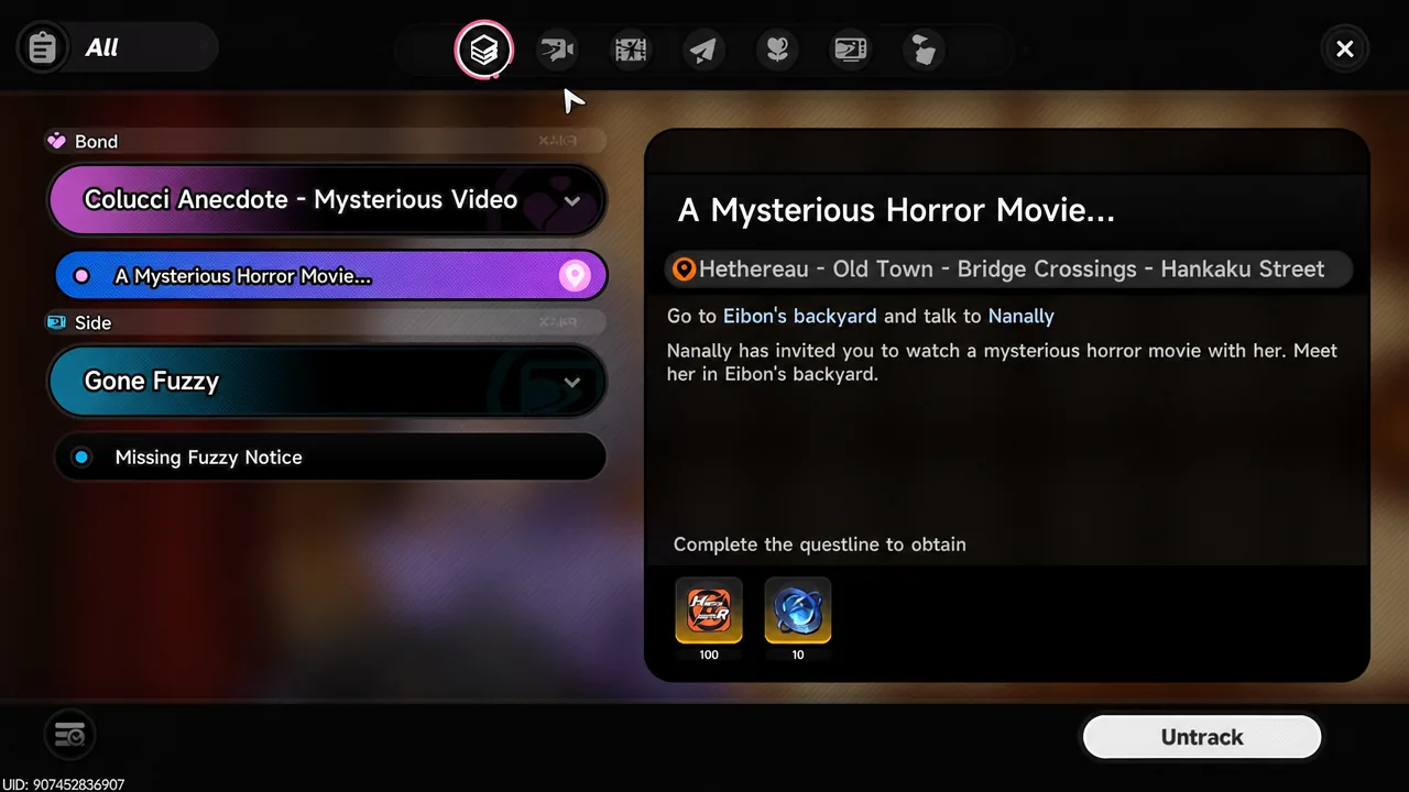 The quest log entry for "A Mysterious Horror Movie..." lists the objective as going to Eibon's backyard and talking to Nanally.