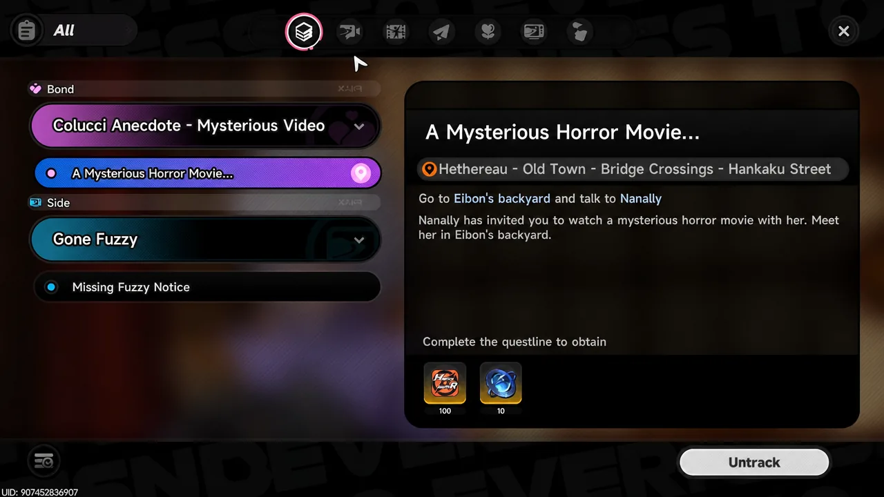 Quest menu with A Mysterious Horror Movie selected, showing its objective and rewards