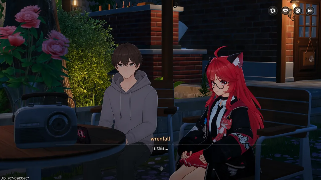 Cutscene dialogue box reading "Is this..." as the video plays in Elbon's backyard