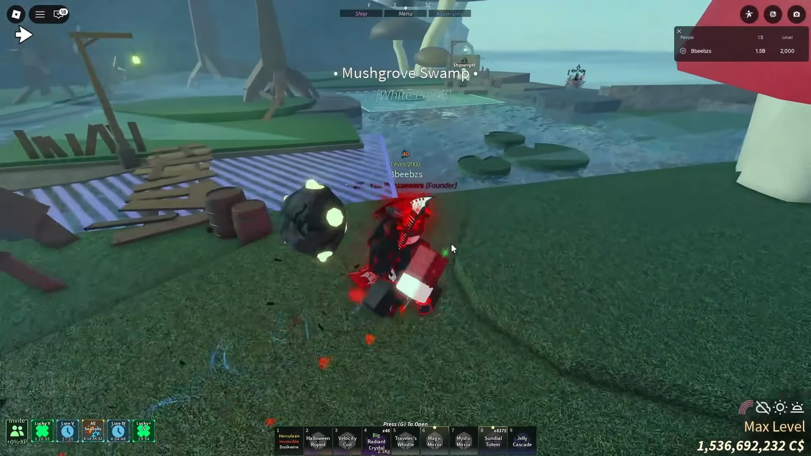 Mushgrove Swamp gameplay with a red-glowing weapon equipped near another avatar