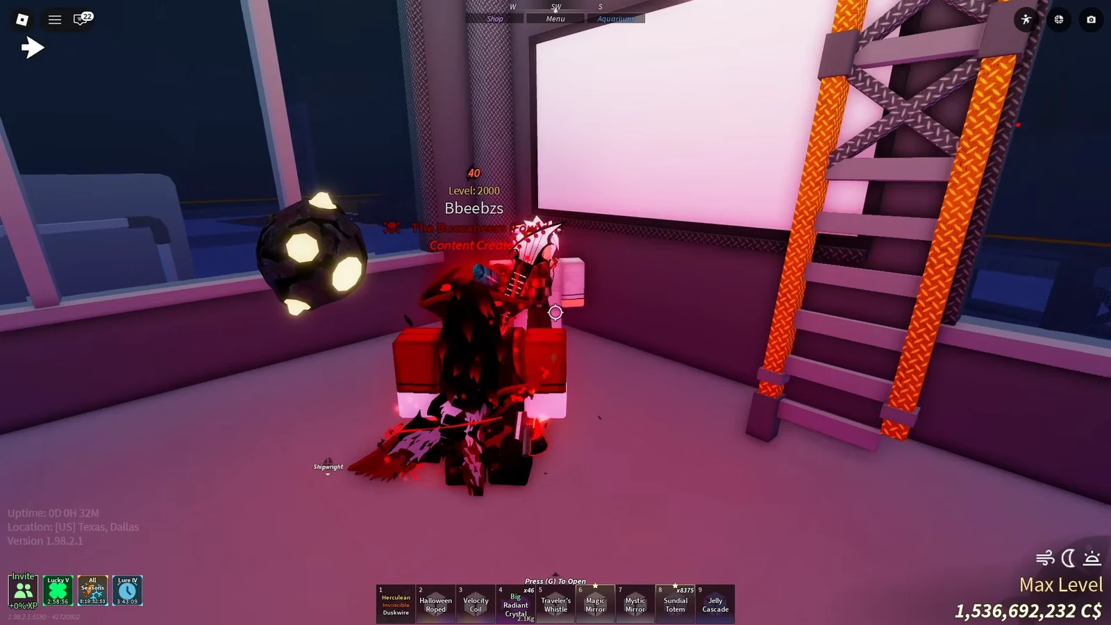 Gameplay crosshair aimed at another avatar by a ladder with the numbered hotbar shown
