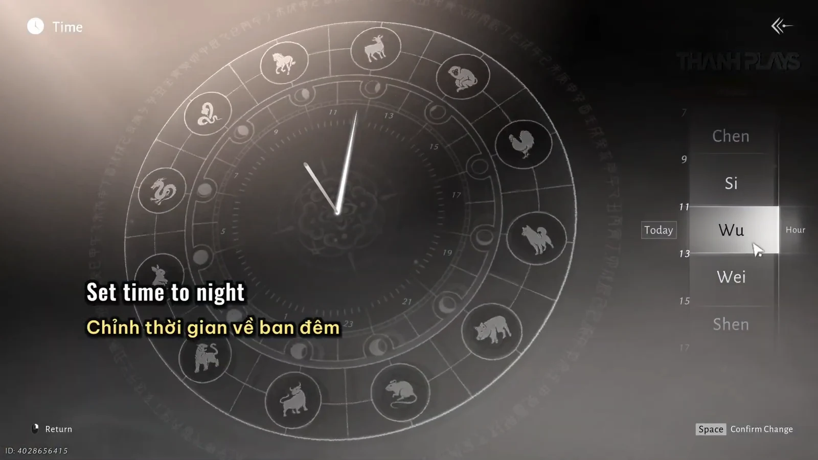 In-game time menu highlighting the Wu hour field to set night